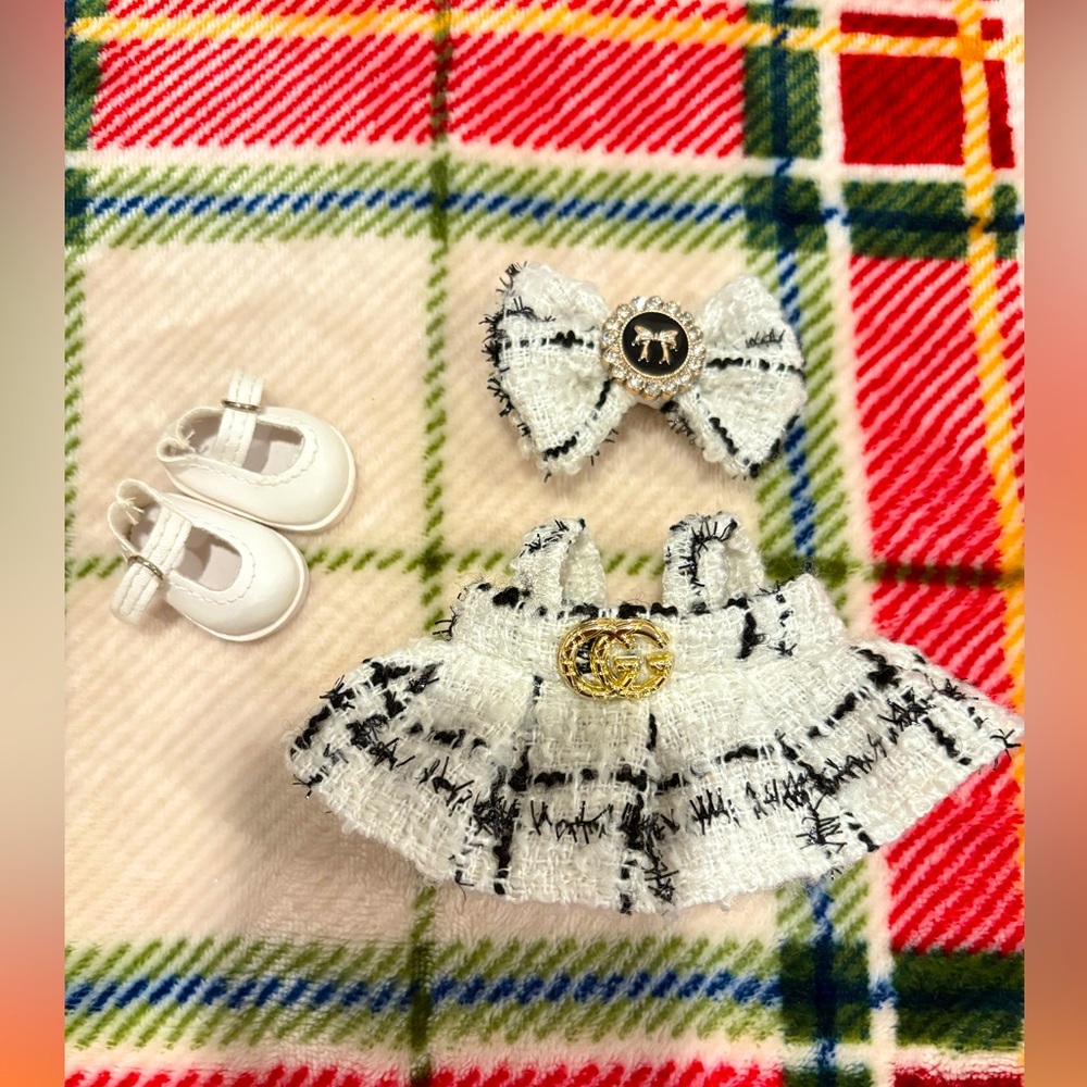 LABUBU  4 piece Outfit w/ Tweed Black and white dress,shirt,bow and white Shoe